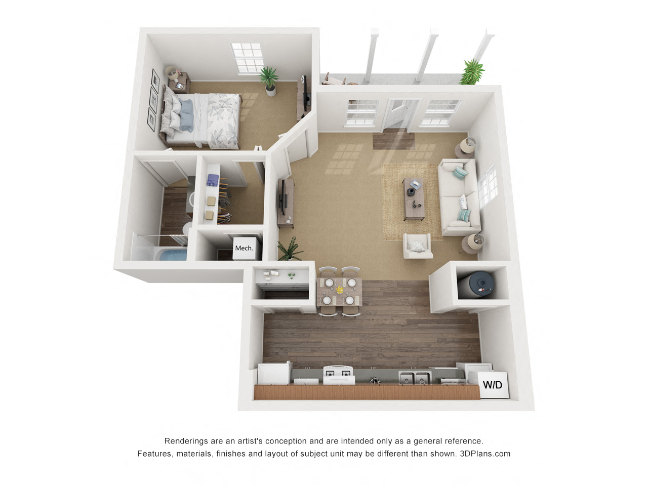 Floor plan for 1 bed, 1 bath, 800 sqft